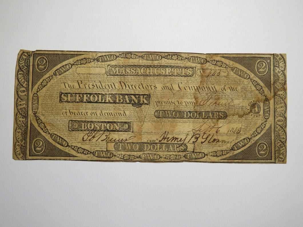 $2 1843 Boston Massachusetts MA Obsolete Currency Bank Note Bill Suffolk Bank
