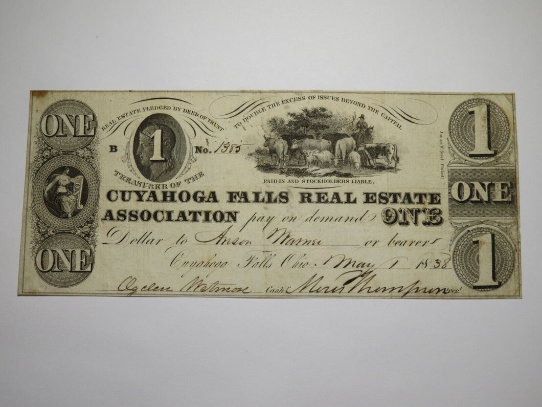 $1 1838 Cuyahoga Falls Ohio Obsolete Currency Bank Note! Real Estate Association