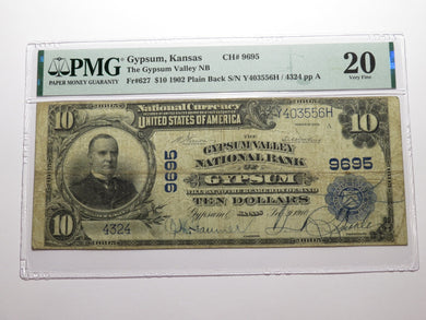 $10 1902 Gypsum Kansas KS National Currency Bank Note Bill Ch #9695 VF20 PMG