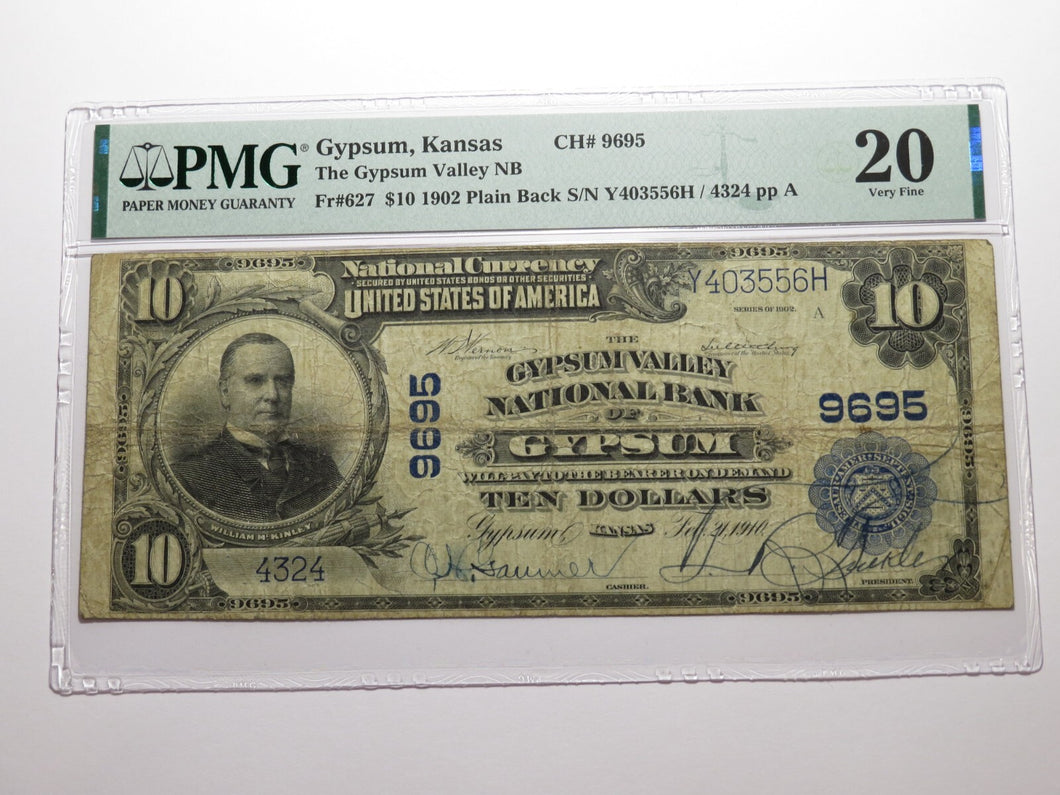 $10 1902 Gypsum Kansas KS National Currency Bank Note Bill Ch #9695 VF20 PMG