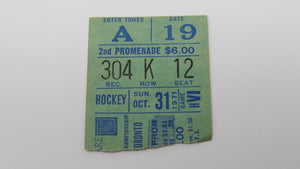 October 31, 1971 New York Rangers Vs. Toronto Maple Leafs NHL Hockey Ticket Stub