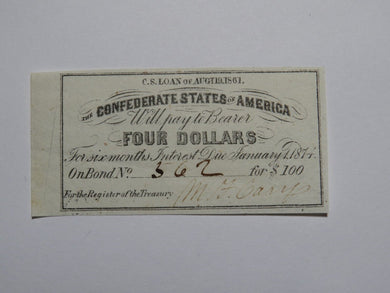 $4 1861 Confederate Bond Coupon Certificate Currency Bank Note Bill UNC