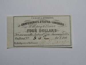 $4 1861 Confederate Bond Coupon Certificate Currency Bank Note Bill UNC