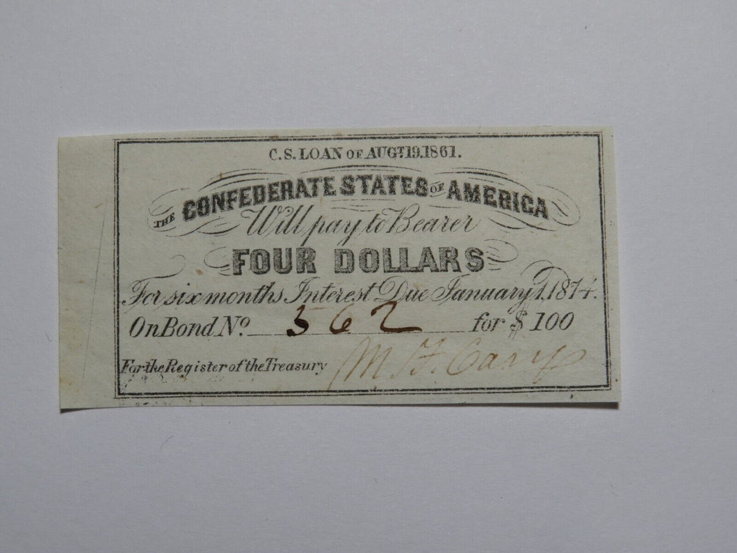 $4 1861 Confederate Bond Coupon Certificate Currency Bank Note Bill UNC
