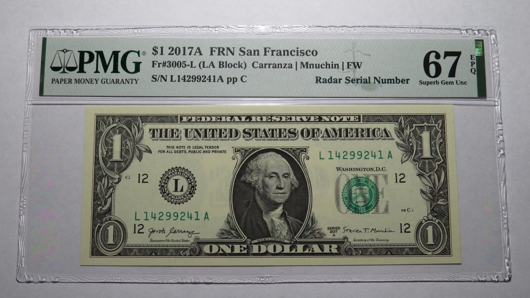 $1 2017 Radar Serial Number Federal Reserve Currency Bank Note Bill PMG UNC67EPQ