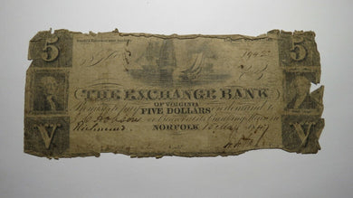 $5 1847 Norfolk Virginia VA Obsolete Currency Bank Note Bill! The Exchange Bank 