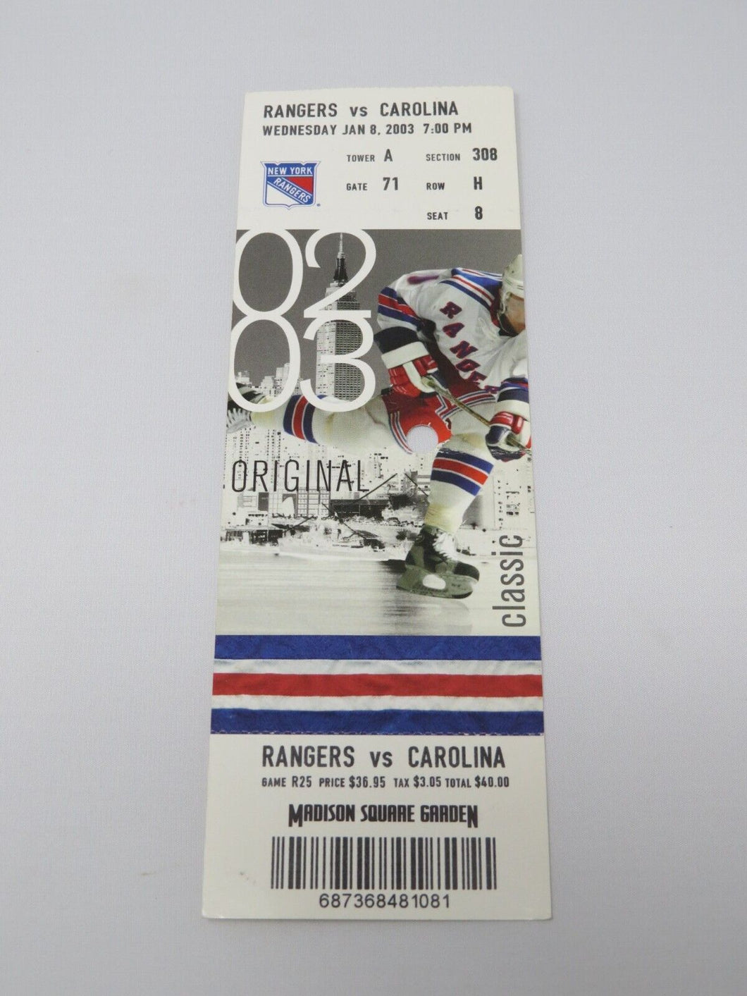 January 8, 2003 New York Rangers Vs. Carolina Hurricanes NHL Hockey Ticket Stub