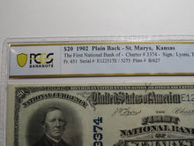 Load image into Gallery viewer, $20 1902 St. Marys Kansas KS National Currency Bank Note Bill #3374 VF35 Saint