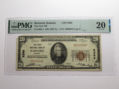 $20 1929 Barnard Kansas KS National Currency Bank Note Bill Ch #8396 VF20 PMG