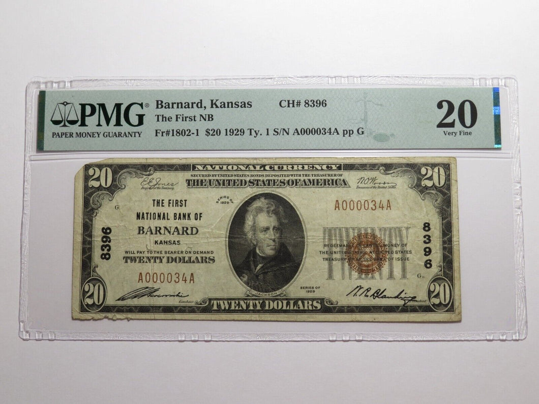 $20 1929 Barnard Kansas KS National Currency Bank Note Bill Ch #8396 VF20 PMG