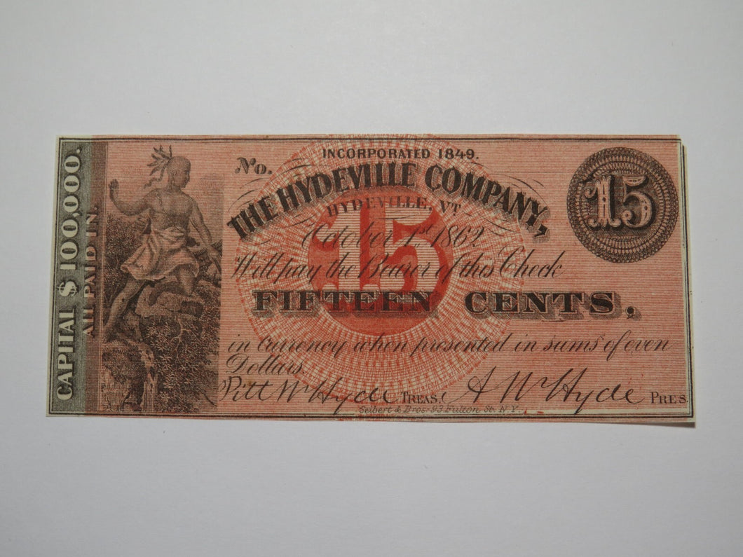 $.15 1862 Hydeville Vermont VT Obsolete Currency Bank Note Bill Remainder UNC++