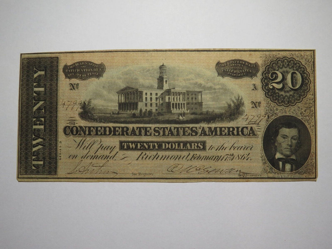 $20 1864 Richmond Virginia Confederate Currency Bank Note Bill RARE T67 VF
