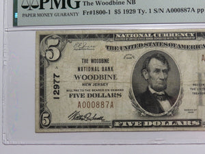 $5 1929 Woodbine New Jersey NJ National Currency Bank Note Bill Ch. #12977 VF20