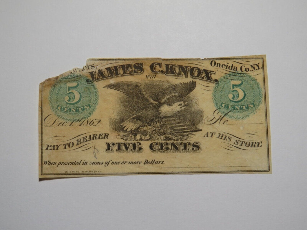 $.05 1862 Knox Corners New York NY Obsolete Currency Bank Note Bill James Knox