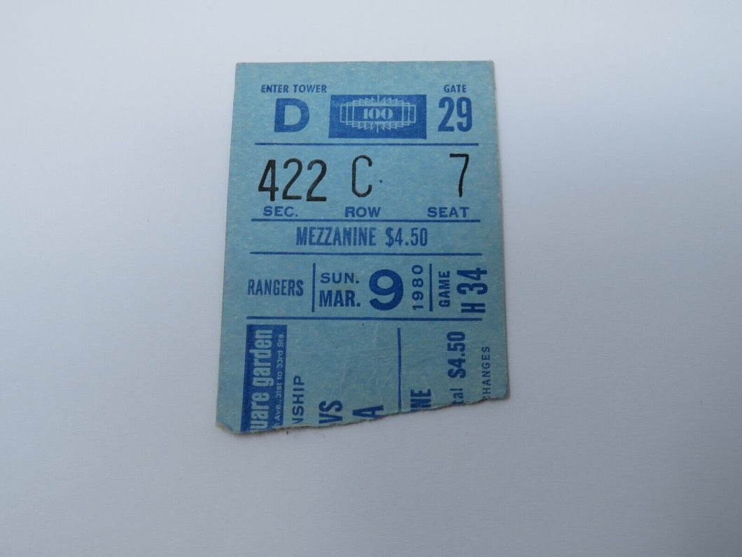 March 9, 1980 New York Rangers Vs. Minnesota North Stars NHL Hockey Ticket Stub