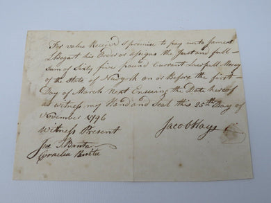 1796 Payment Certificate to James Bogart of New York Colonial Currency Note USA