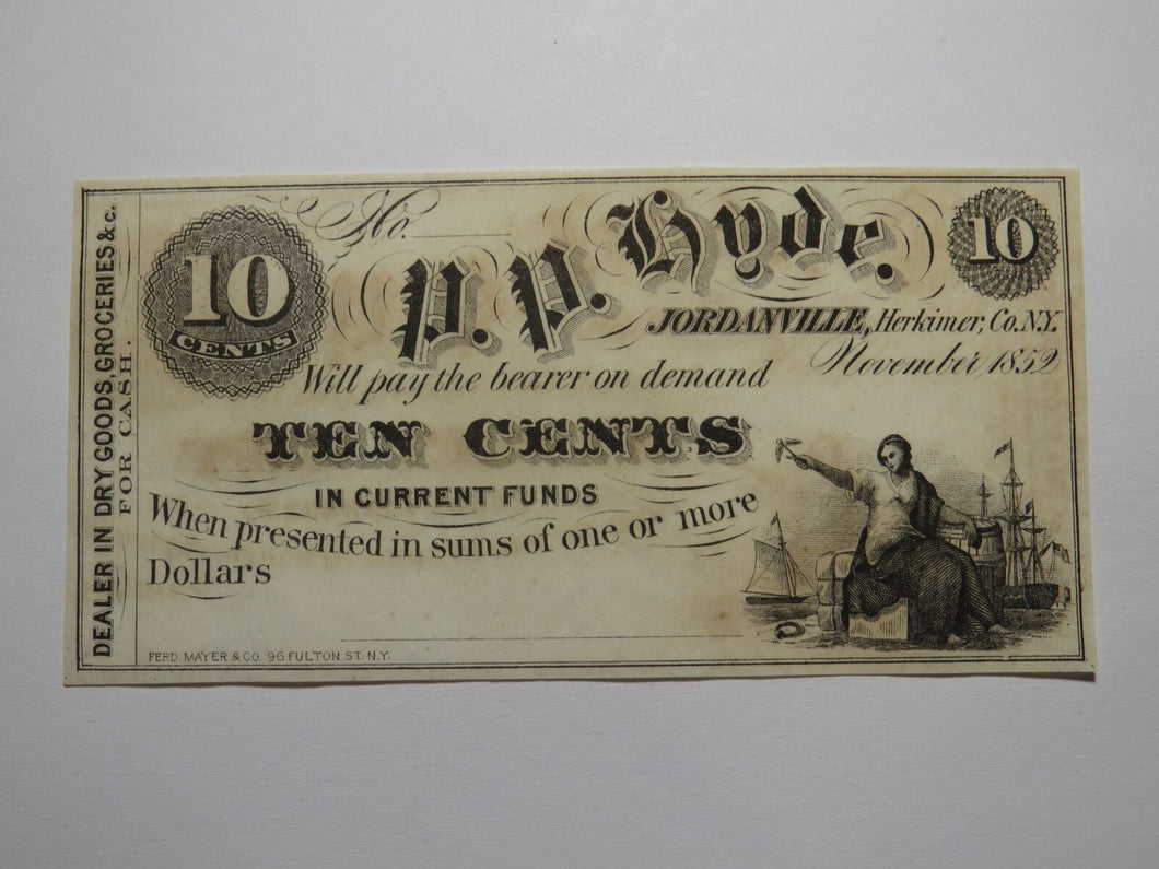 $.10 1852 Jordanville New York Obsolete Currency Bank Note Bill P.P. Hyde UNC+++