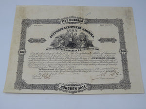 $500 1862 Confederate Bond Certificate Currency Bank Note Bill UNC 14" X 10.5"