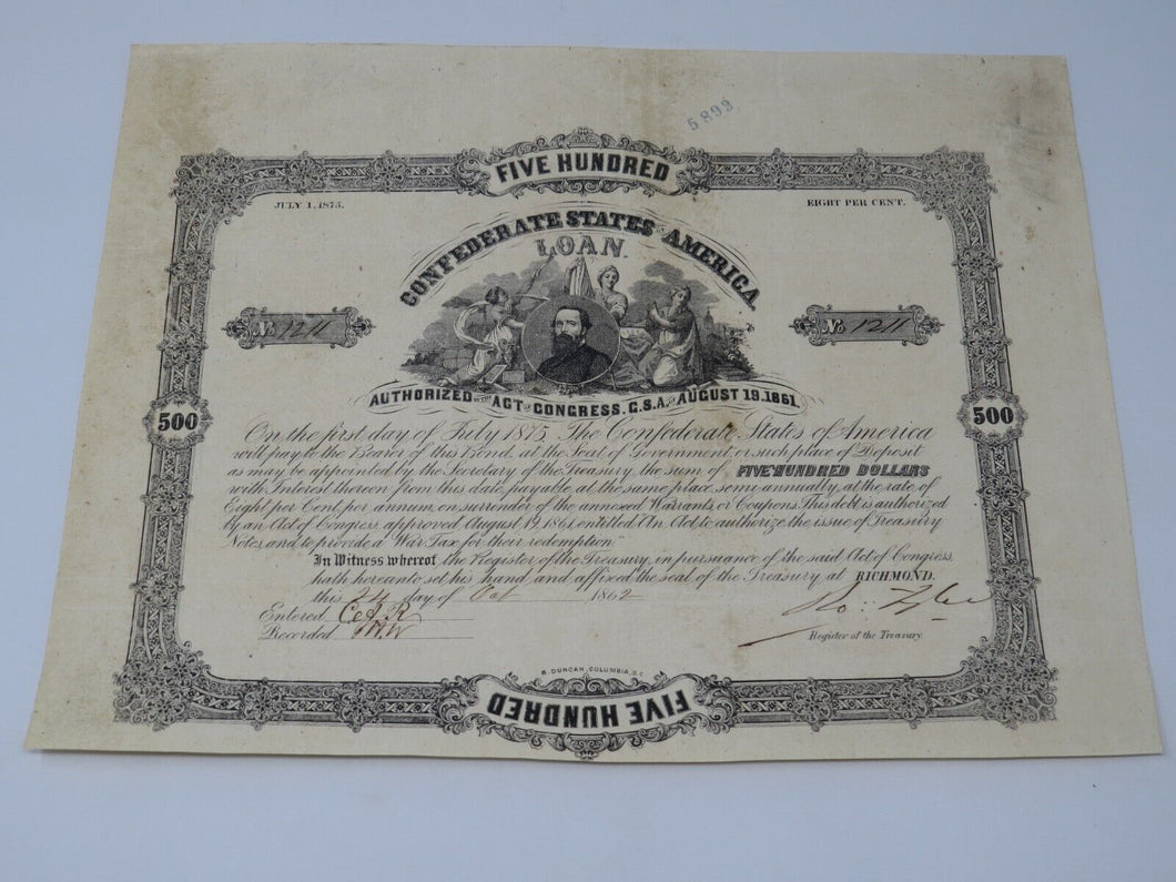 $500 1862 Confederate Bond Certificate Currency Bank Note Bill UNC 14
