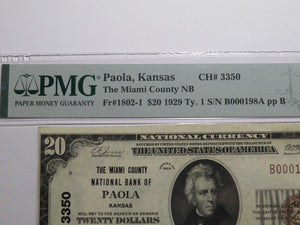$20 1929 Paola Kansas KS National Currency Bank Note Bill Ch. #3350 XF40 PMG