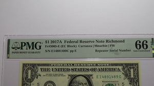 $1 2017 Repeater Serial Number Federal Reserve Currency Bank Note Bill PMG UNC66