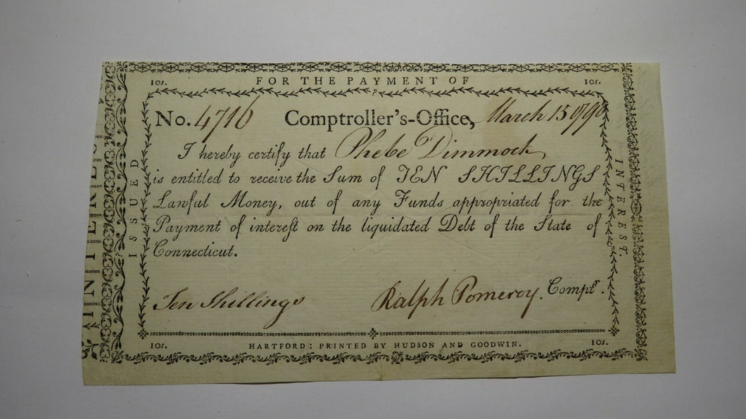 1790 10 Shillings Connecticut Comptrollers Office Colonial Currency Note Pomeroy