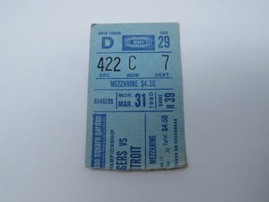 March 31, 1980 New York Rangers Vs. Detroit Red Wings NHL Hockey Ticket Stub
