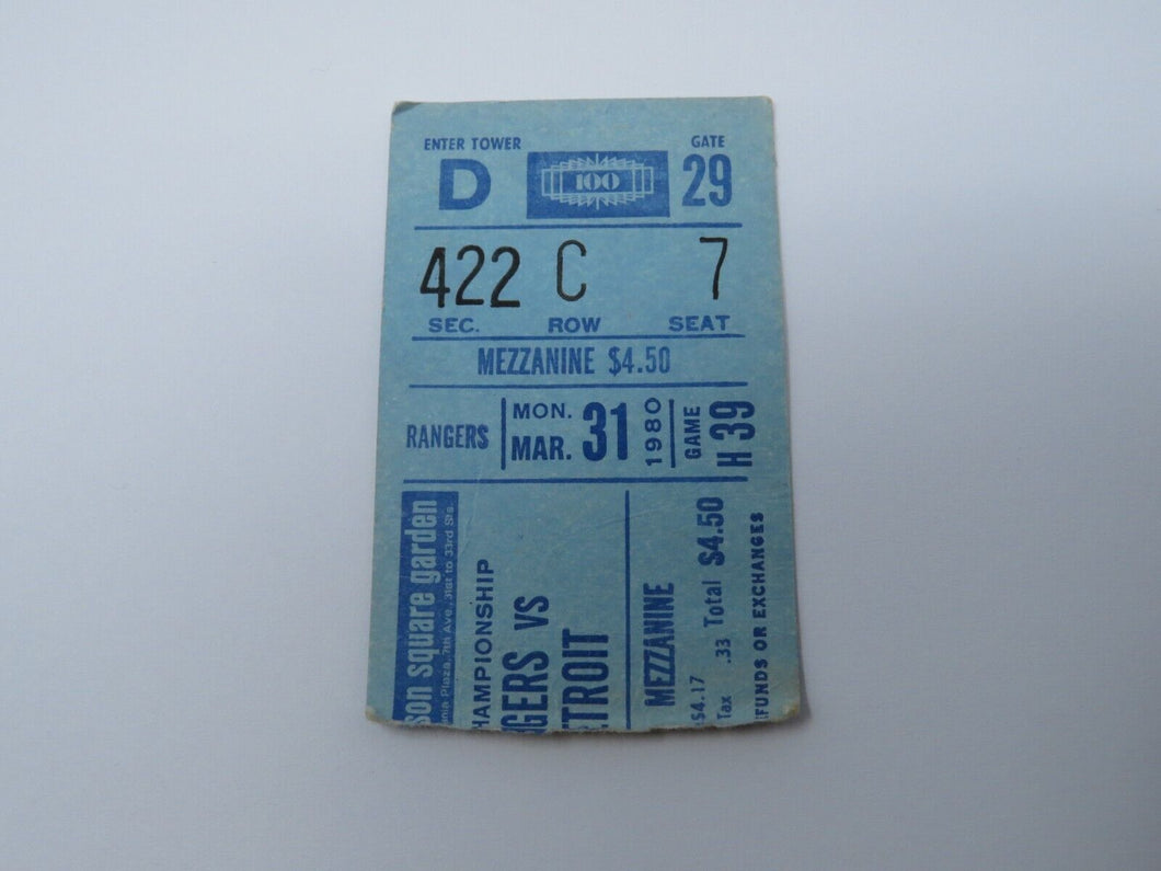 March 31, 1980 New York Rangers Vs. Detroit Red Wings NHL Hockey Ticket Stub