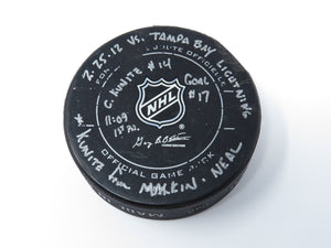 2011-12 Chris Kunitz Pittsburgh Penguins NHL Game Used Goal Puck -Evgeni Malkin