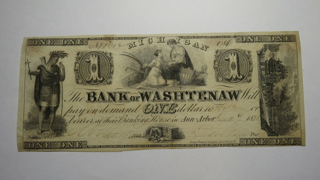 $1 1835 Ann Arbor Michigan MI Obsolete Currency Bank Note Bill! Washtenaw Bank!