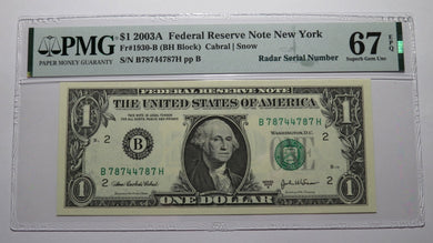 $1 2003 Radar Serial Number Federal Reserve Currency Bank Note Bill PMG UNC67EPQ
