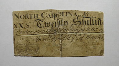 1754 Twenty Shillings North Carolina NC Colonial Currency Note Bill! 20s! RARE!