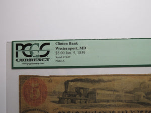 $5 1859 Westernport Maryland MD Obsolete Currency Bank Note Bill Clinton Bank