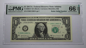 $1 2017 Radar Serial Number Federal Reserve Currency Bank Note Bill PMG UNC66EPQ