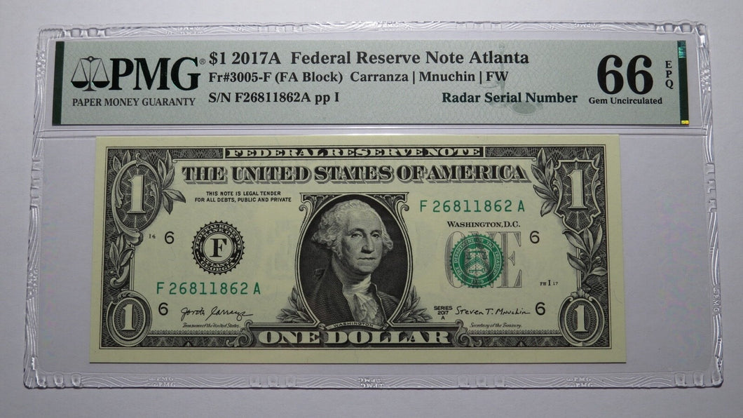 $1 2017 Radar Serial Number Federal Reserve Currency Bank Note Bill PMG UNC66EPQ