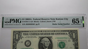 $1 2003 Radar Serial Number Federal Reserve Currency Bank Note Bill PMG UNC65EPQ