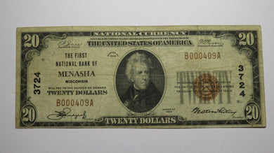 $20 1929 Menasha Wisconsin WI National Currency Bank Note Bill Charter #3724 VF