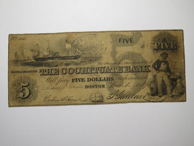 $5 1849 Boston Massachusetts MA Obsolete Currency Bank Note Bill Cochituate Bank