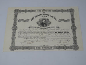 $100 1862 Confederate Bond Certificate Currency Bank Note Bill UNC 14" X 9.5"