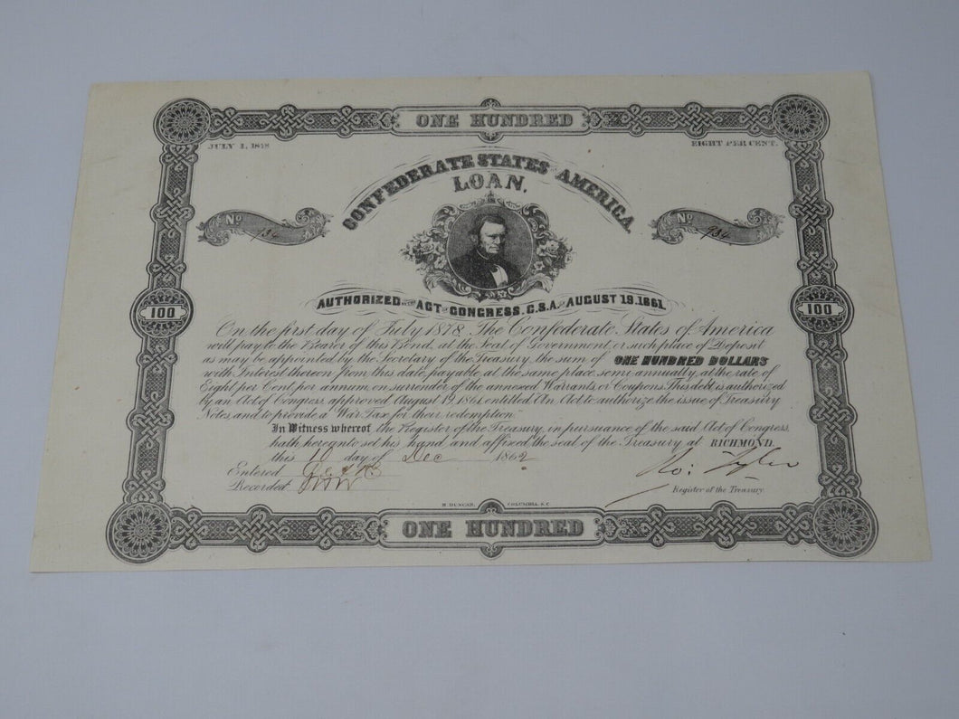 $100 1862 Confederate Bond Certificate Currency Bank Note Bill UNC 14
