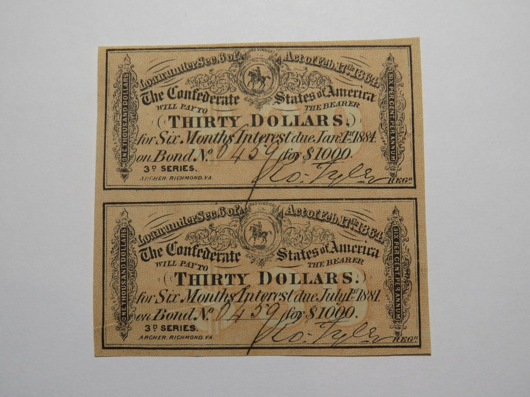 $30 1864 Confederate Bond Coupon Certificate Uncut Sheet Currency Bank Note Bill