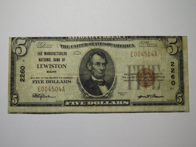 $5 1929 Lewiston Maine National Currency Bank Note Bill Charter #2260 FINE++