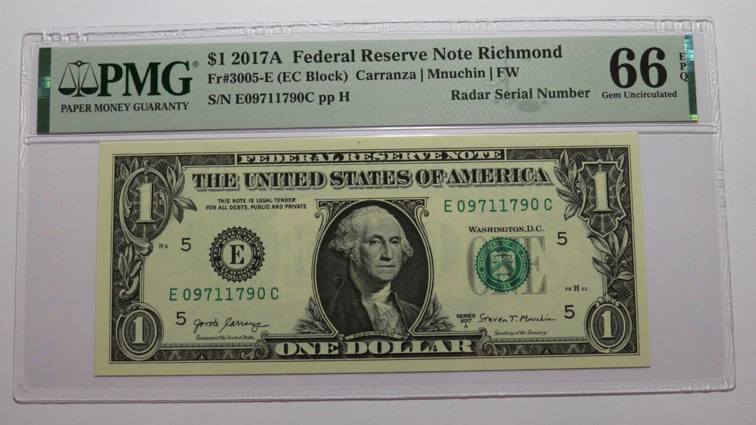 $1 2017 Radar Serial Number Federal Reserve Currency Bank Note Bill PMG UNC66EPQ