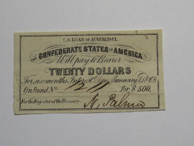 $20 1861 Confederate Bond Coupon Certificate Currency Bank Note Bill UNC