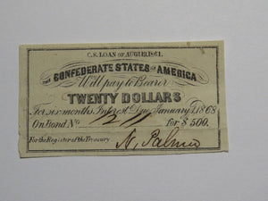 $20 1861 Confederate Bond Coupon Certificate Currency Bank Note Bill UNC