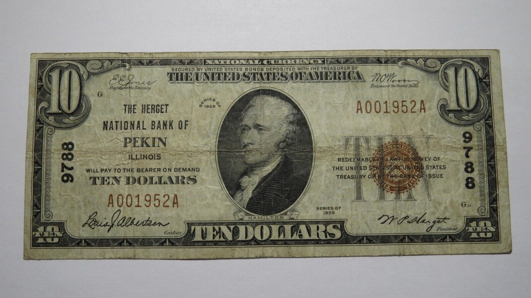 $10 1929 Pekin Illinois IL National Currency Bank Note Bill Charter #9788 FINE+