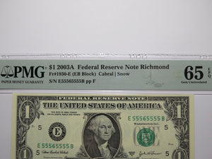 $1 2003 Near Solid Serial Number Federal Reserve Bank Note Bill UNC65 #55565555