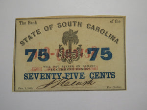 $.75 1863 Charleston South Carolina Obsolete Currency Bank Note State of SC UNC+