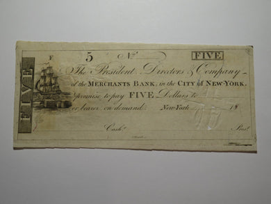 $5 180_ New York City NY Obsolete Currency Bank Note Bill Merchants' Bank of NY