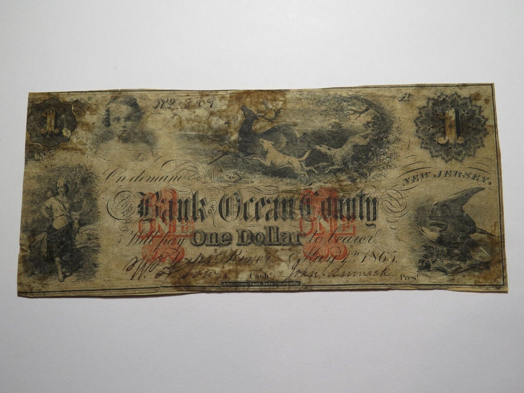 $1 1865 Toms River New Jersey NJ Obsolete Currency Bank Note Bill Ocean County
